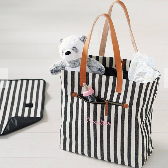 Pottery Barn Kids Mason Striped Diaper Tote Bag Black Cream with Changing Pad - Picture 10 of 12